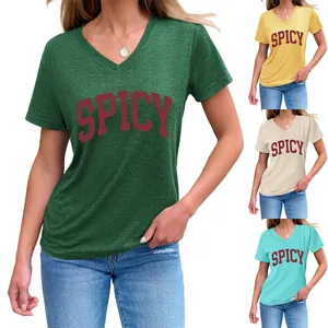 Women V Neck Short Sleeve T-Shirt Cotton Blend Spicy Letter Print Casual Vintage Loose Fit Knot Hem Top