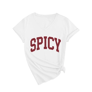 Women's white V-neck short sleeve T-shirt with SPICY print and front tie knot detail
