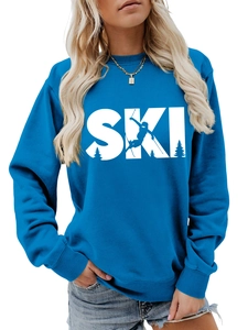 Detail of blue SKI print sweatshirt with skier silhouette on cotton fabric