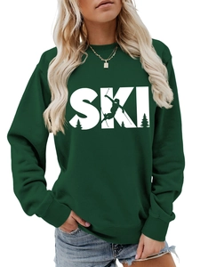 Detail of forest green ski sweatshirt showing the white SKI print and ribbed collar texture