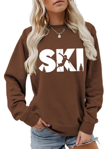Detail view of coffee brown round neck sweatshirt featuring SKI print with skier silhouette