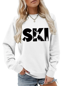 Detail of white cotton sweatshirt featuring black SKI typography and skier silhouette