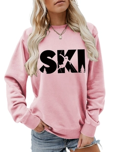 Close-up of pink long-sleeve sweatshirt with SKI letter print and silhouette detail