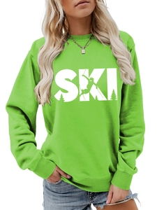 Detailed view of elastic ribbed cuffs and white SKI print on bright green sweatshirt