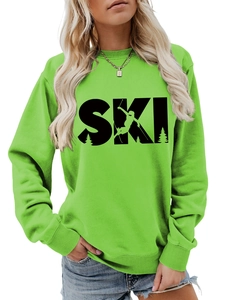 Detail of neon green crewneck sweatshirt with black SKI lettering and skier silhouette