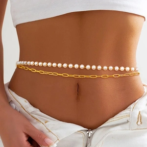 Elegant Double Layer Waist Chain Stainless Steel Imitation Artificial Pearl Belly Body Chain For Women Bohemia Beach Style Gold Plated