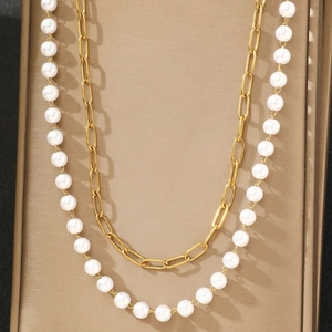 French style double-layer gold plated stainless steel waist chain with white pearls