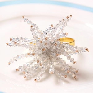 Detail showing crystal beaded napkin ring with golden metal loop in a snowflake design