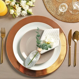 Eucalyptus leaf napkin ring set with rose gold charger plate and gold cutlery table decor