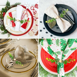 Eucalyptus leaf napkin ring with wood beads and twine in four different table settings