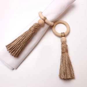 Bohemian Wood Bead Napkin Rings With Jute Tassels Rustic Handmade Wooden Napkin Holders For Wedding Party Dining Table Decor