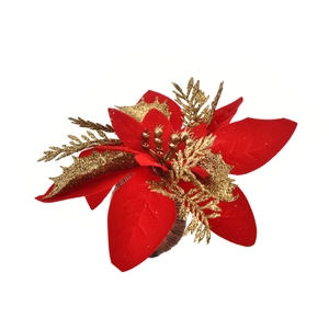 Detail of red velvet Poinsettia napkin ring with gold glitter leaves for festive tables