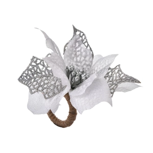 Detail of silver poinsettia napkin ring with glittered petals and rustic jute rope base