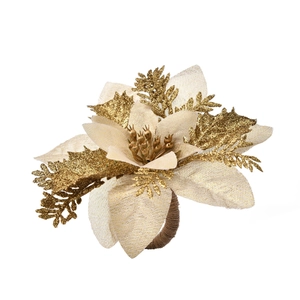 Close-up of golden glitter poinsettia napkin ring with textured twine wrapped base