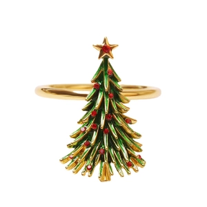 Christmas tree napkin ring with green enamel, red rhinestones and gold star on white background