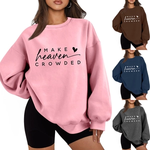 Multiple color options for loose crewneck sweatshirt with 'Make Heaven Crowded' text