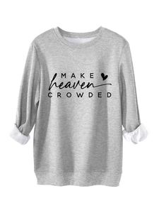 Detail of ribbed cuffs and collar on light gray 'Make Heaven Crowded' fleece sweatshirt
