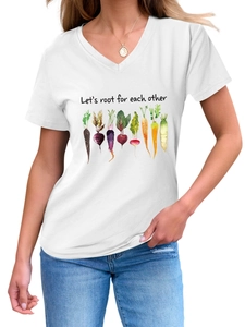 Detail of V-neck T-shirt featuring Let's root for each other graphic and vegetable art