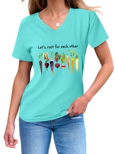 Close-up of the V-neck tee with 'Let's root for each other' slogan and vegetable print