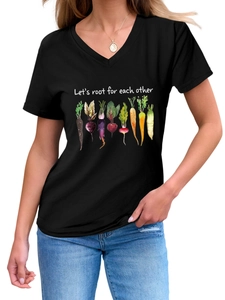 Detail of Let's root for each other slogan and vegetable print on a black V-neck T-shirt