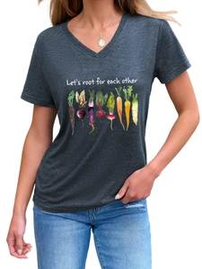 Detail of Let's root for each other slogan and vegetable print on a V-neck T-shirt