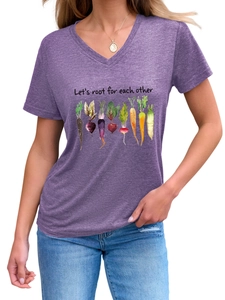 Detail of V-neck heather purple T-shirt with 'Let's root for each other' vegetable print