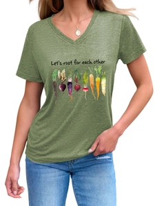 Detail of Let's Root For Each Other vegetable print on women's V-neck green T-shirt