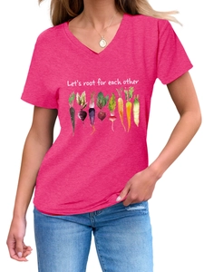 Detail of rose red V-neck T-shirt with 'Let's root for each other' vegetable print