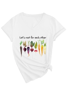 Detail of white V-neck T-shirt with watercolor vegetables and root for each other text