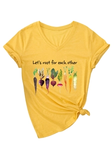Detail of V-neck mustard T-shirt with vegetable print and rolled sleeve design