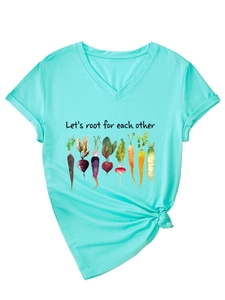Detail of V-neck mint green t-shirt with watercolor vegetable print and front knot tie