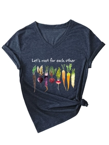 Detail view of V-neck T-shirt with vegetable prints and Let's root for each other text