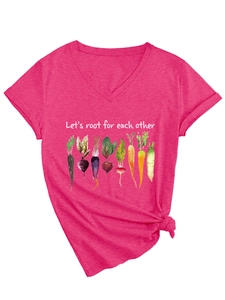 Detail of V-neck T-shirt with 'Let's root for each other' watercolor vegetable print