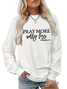 Detail of Pray More Worry Less print on gray long sleeve crewneck sweatshirt