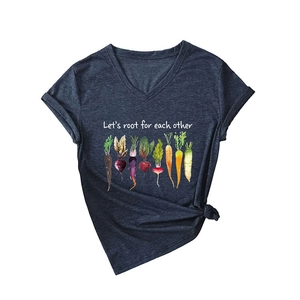 Women's V-neck T-shirt with vegetable print and Let's root for each other text