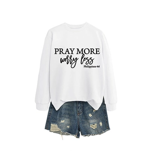 White Pray More Worry Less sweatshirt and distressed blue denim shorts set for women