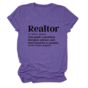 Dettaglio del tessuto viola mélange e della stampa della definizione di realtor