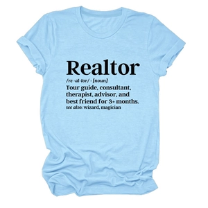 T-shirt azzurra a girocollo con stampa Realtor, stile casual a maniche corte da donna