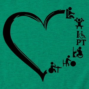 Detailed close-up of green cotton fabric featuring black physical therapy heart graphic