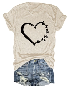 Detail of a beige crew neck t-shirt with PT heart graphic and denim shorts on white background