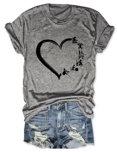 Close-up of heart print with Physical Therapy icons on a grey cotton t-shirt