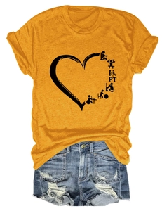 Close-up of yellow crew neck T-shirt featuring a black PT heart graphic and denim shorts