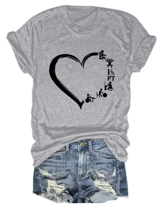 Flat lay of gray T-shirt with PT heart graphic and ripped blue denim shorts
