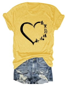 Detailed view of yellow crew neck T-shirt featuring a black PT heart graphic print