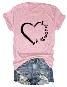 Detail view of pink crew neck T-shirt with heart PT print and distressed denim shorts