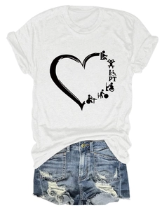 Flat lay of white PT printed T-shirt with heart graphic and distressed denim shorts