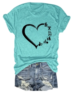 Detailed view of teal crew neck T-shirt with heart PT print and distressed denim shorts