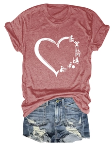 Flat lay of heathered red PT heart graphic tee with distressed denim shorts set
