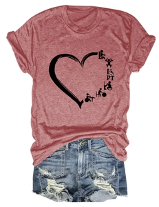 Detailed flat lay of brick red T-shirt with PT heart graphic and ripped denim shorts
