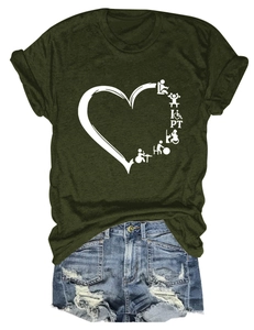 Detailed flat lay of dark green T-shirt with PT graphic and distressed denim shorts